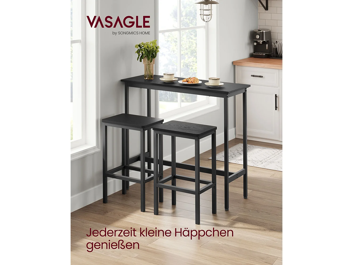 VASAGLE Spisebordssæt, barbord og taburetter, barbord til morgenmad med 2 barstole, industrielt stålstel, sort ibenholt og sort blæk LBT218B56