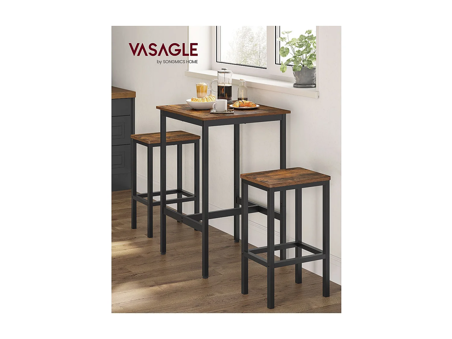 VASAGLE Tavolo da bar con sgabello, tavolo da pranzo con 2 sedie, tavolo da cucina piccolo 60 x 60 x 90 cm, sedie da bar 30 x 40 x 65 cm, per sala da pranzo,
