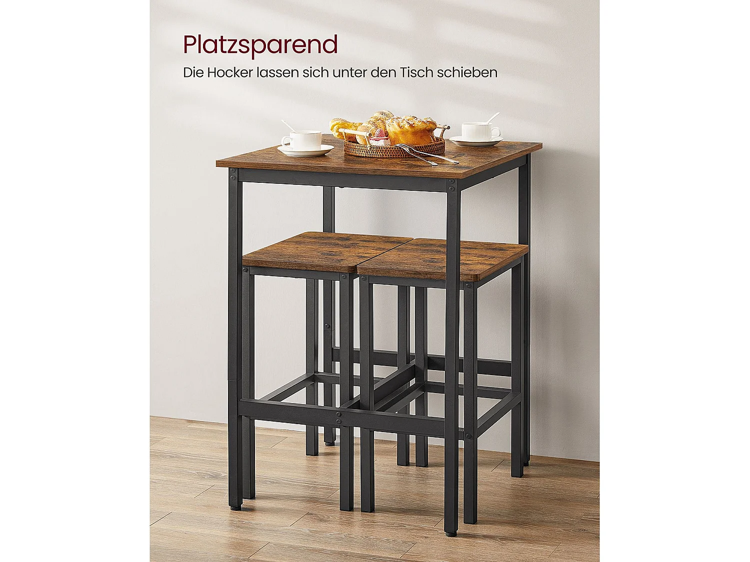 VASAGLE Tavolo da bar con sgabello, tavolo da pranzo con 2 sedie, tavolo da cucina piccolo 60 x 60 x 90 cm, sedie da bar 30 x 40 x 65 cm, per sala da pranzo,