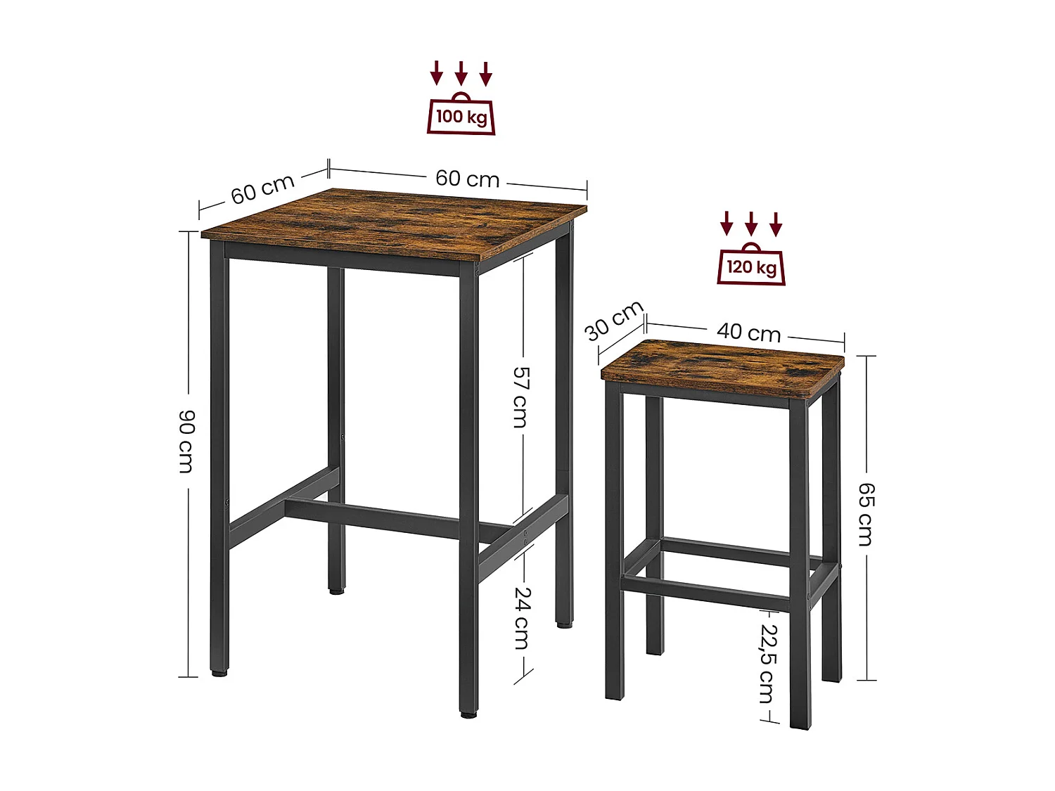 VASAGLE Tavolo da bar con sgabello, tavolo da pranzo con 2 sedie, tavolo da cucina piccolo 60 x 60 x 90 cm, sedie da bar 30 x 40 x 65 cm, per sala da pranzo,