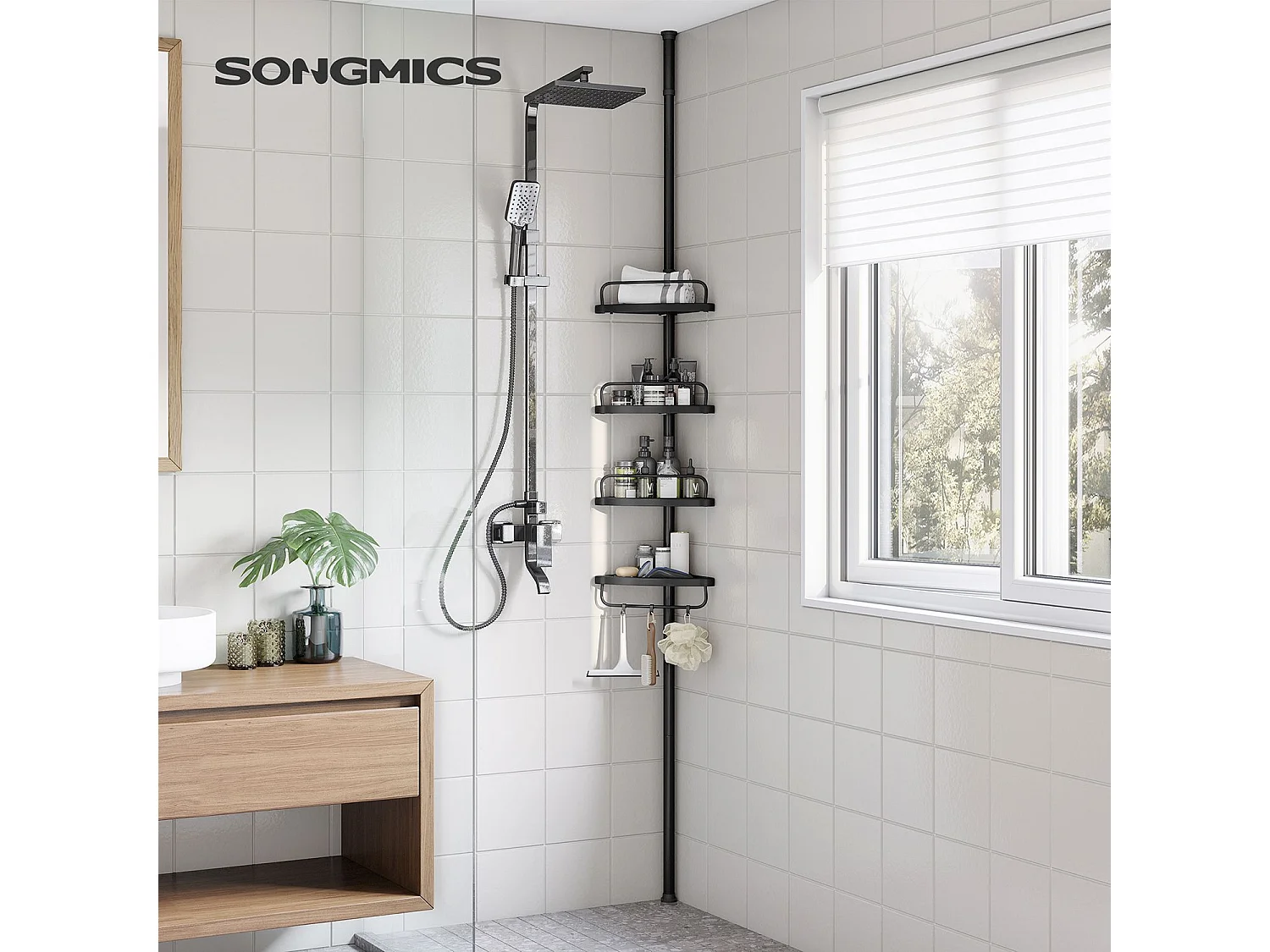 SONGMICS Adjustable Bathroom Corner Shelf, Telescopic Shower Caddy, 85-305 cm, Floor to Ceiling, with 4 Trays, 3 Hooks, Black BCB001B01