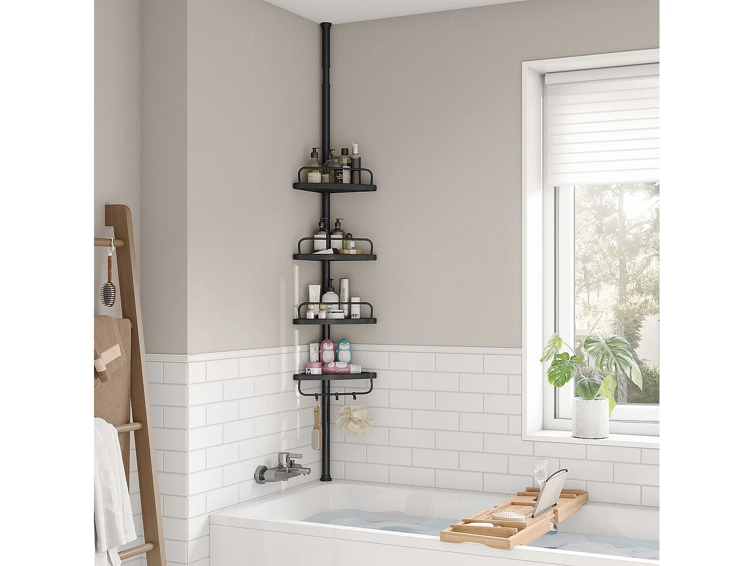 SONGMICS Adjustable Bathroom Corner Shelf, Telescopic Shower Caddy, 85-305 cm, Floor to Ceiling, with 4 Trays, 3 Hooks, Black BCB001B01