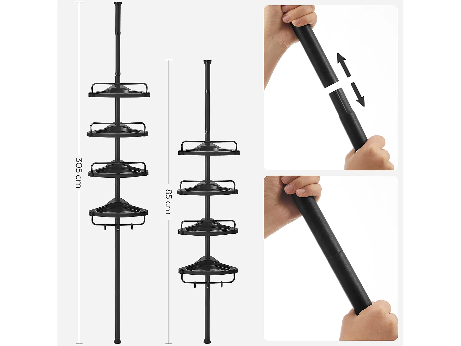 SONGMICS Adjustable Bathroom Corner Shelf, Telescopic Shower Caddy, 85-305 cm, Floor to Ceiling, with 4 Trays, 3 Hooks, Black BCB001B01