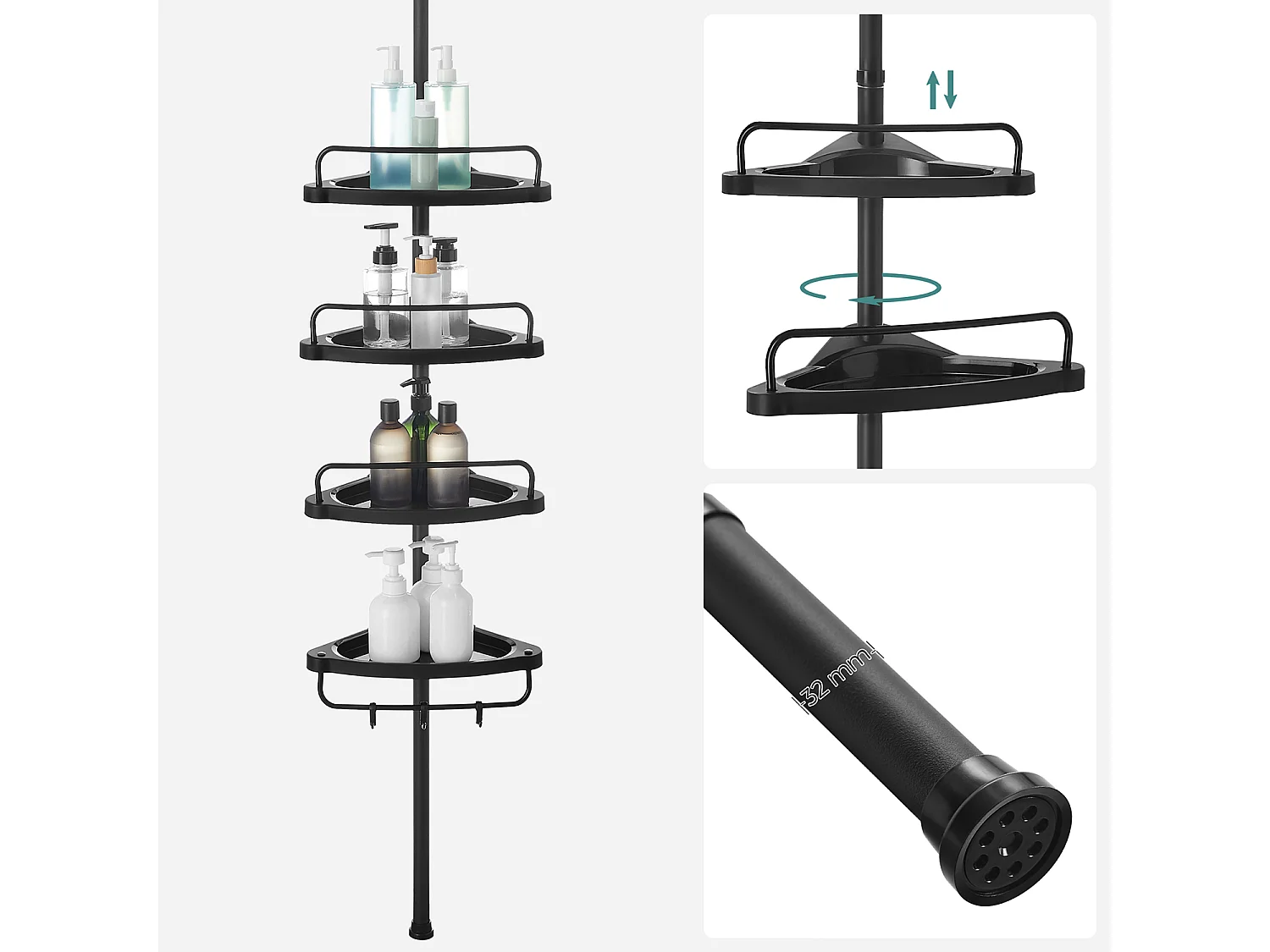 SONGMICS Adjustable Bathroom Corner Shelf, Telescopic Shower Caddy, 85-305 cm, Floor to Ceiling, with 4 Trays, 3 Hooks, Black BCB001B01