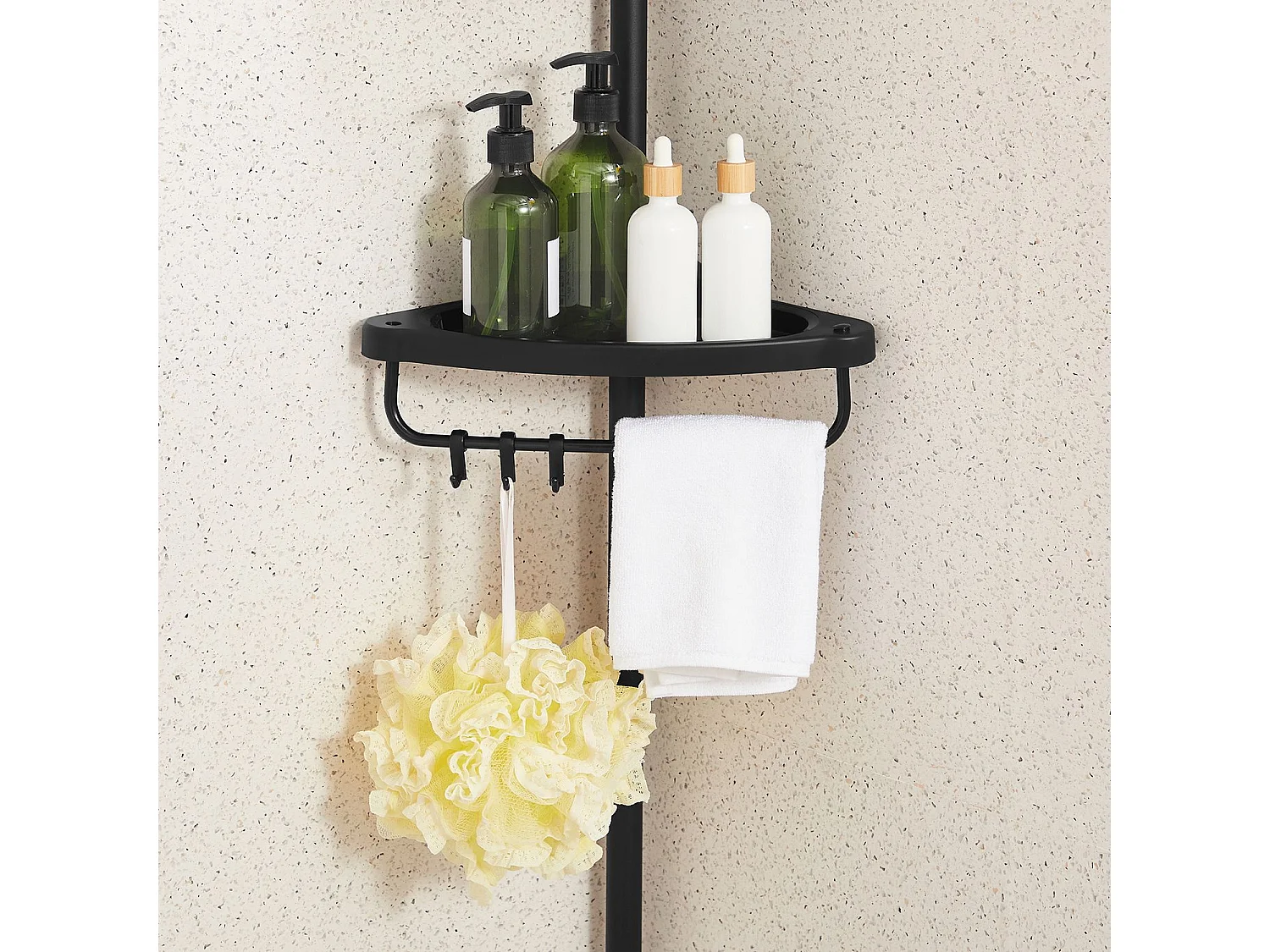 SONGMICS Adjustable Bathroom Corner Shelf, Telescopic Shower Caddy, 85-305 cm, Floor to Ceiling, with 4 Trays, 3 Hooks, Black BCB001B01