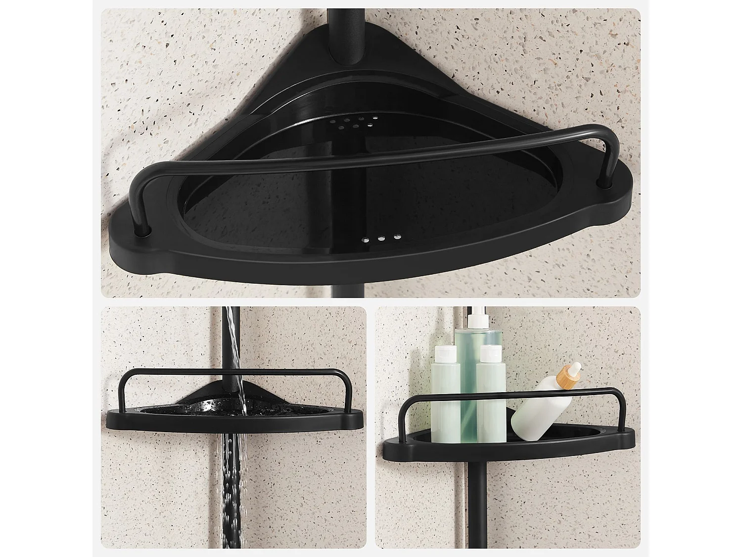 SONGMICS Adjustable Bathroom Corner Shelf, Telescopic Shower Caddy, 85-305 cm, Floor to Ceiling, with 4 Trays, 3 Hooks, Black BCB001B01