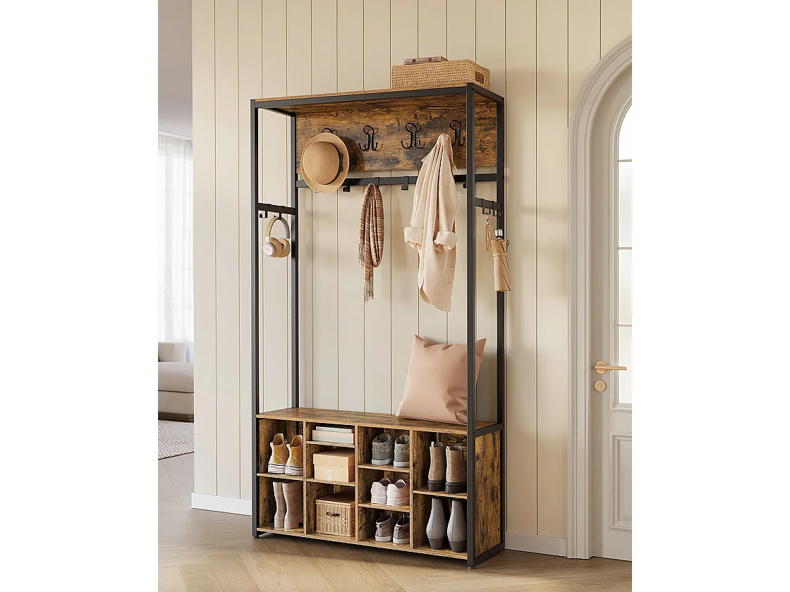 VASAGLE Hall Tree with Bench and Shoe Storage, Coat Rack with Shoe Bench, Hallway Furniture, Open Compartments, Industrial Style, Space Saving, Rustic Brown and
