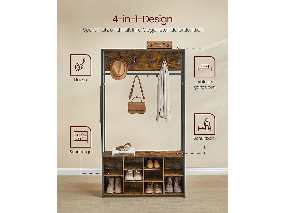 VASAGLE Hall Tree with Bench and Shoe Storage, Coat Rack with Shoe Bench, Hallway Furniture, Open Compartments, Industrial Style, Space Saving, Rustic Brown and