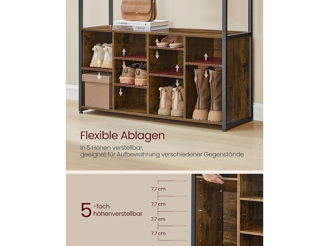 VASAGLE Hall Tree with Bench and Shoe Storage, Coat Rack with Shoe Bench, Hallway Furniture, Open Compartments, Industrial Style, Space Saving, Rustic Brown and