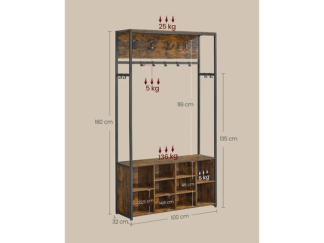 VASAGLE Hall Tree with Bench and Shoe Storage, Coat Rack with Shoe Bench, Hallway Furniture, Open Compartments, Industrial Style, Space Saving, Rustic Brown and
