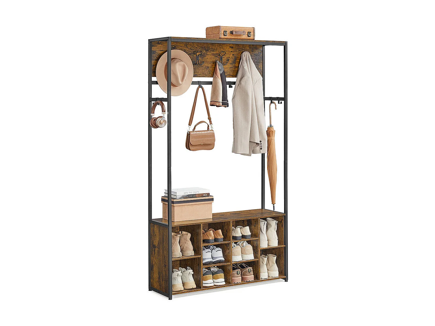 VASAGLE Hall Tree with Bench and Shoe Storage, Coat Rack with Shoe Bench, Hallway Furniture, Open Compartments, Industrial Style, Space Saving, Rustic Brown and