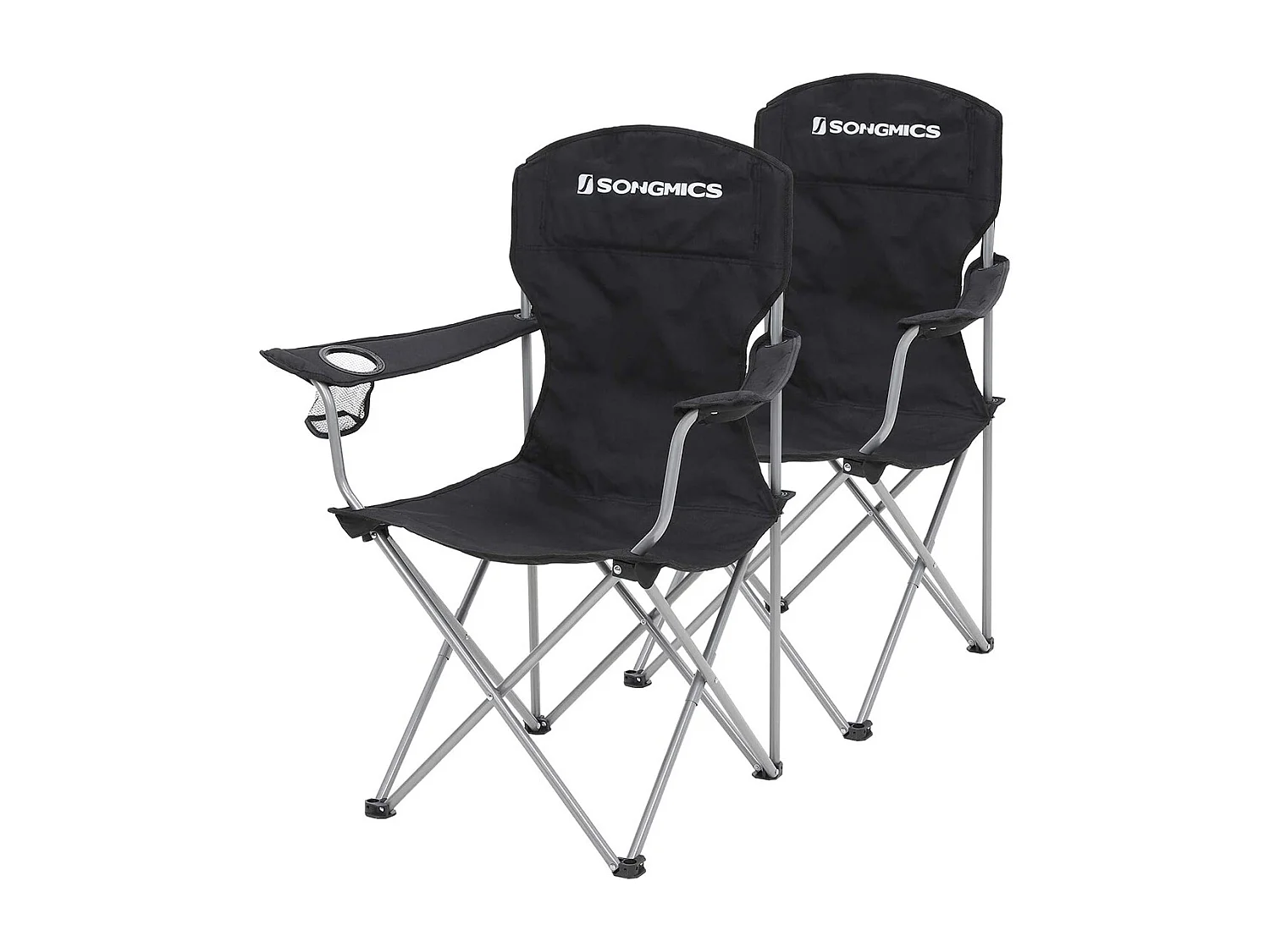 SONGMICS Sæt med 2 sammenklappelige campingstole, komfortabel, kraftig struktur, maks. Belastningskapacitet 150 kg, med kopholder, udendørs stole, sort GCB08BK
