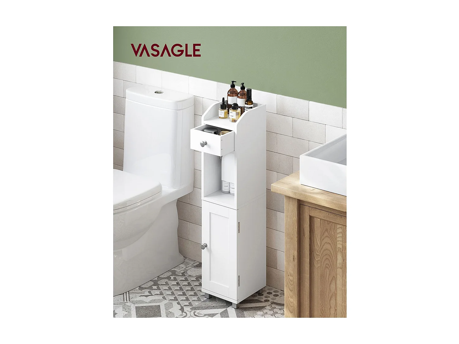 VASAGLE BBC846P31 Toilet Cabinet, Bathroom Cabinet, Bathroom Shelf with Adjustable Shelf, Waterproof Feet, for Small Spaces, White