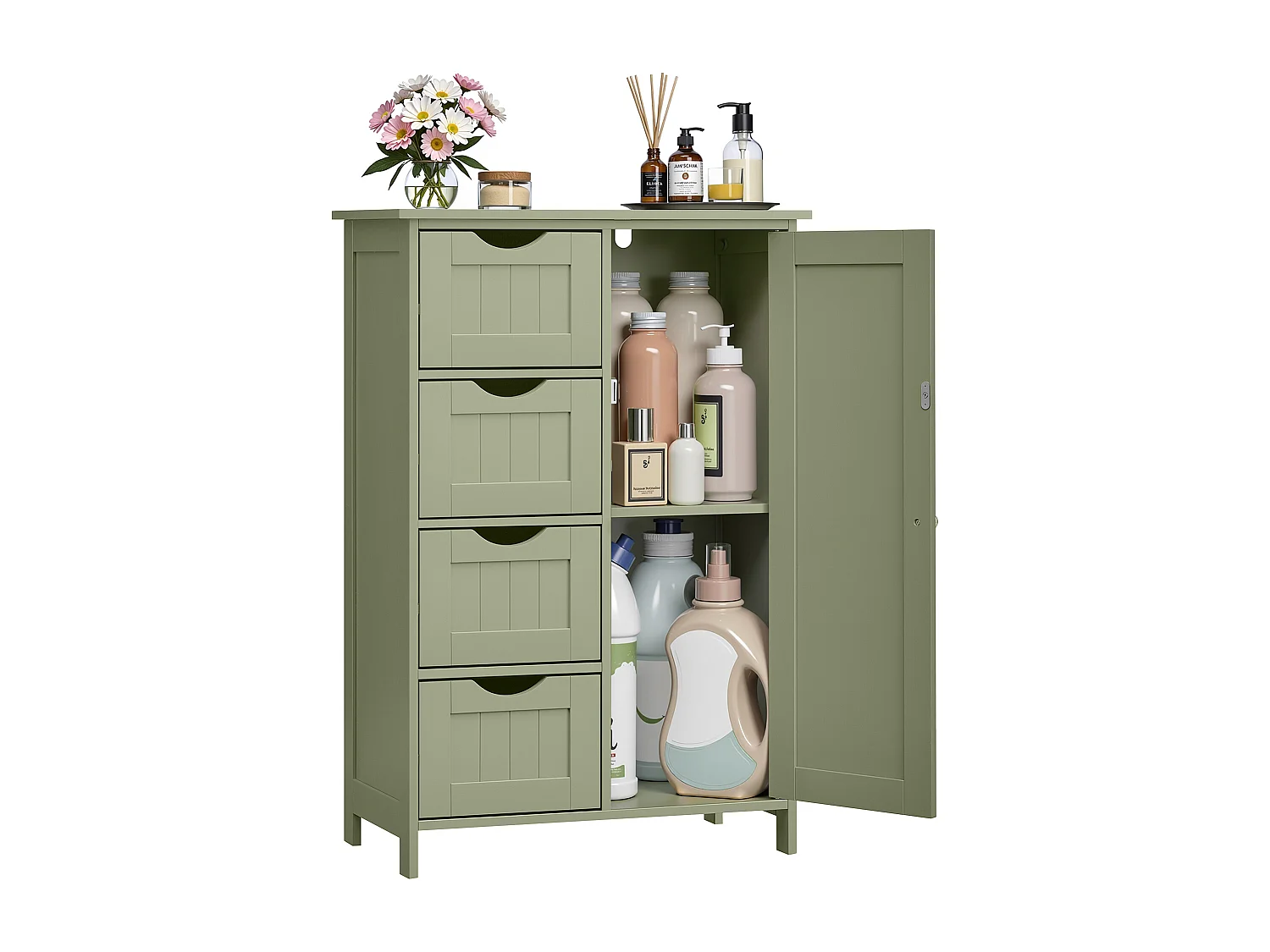 VASAGLE Bathroom Floor Storage Cabinet, Bathroom Storage Unit with 4 Drawers, Bathroom Cabinet Freestanding, with 1 Door, Adjustable Shelf, 30 x 55 x 82 cm, Laurel
