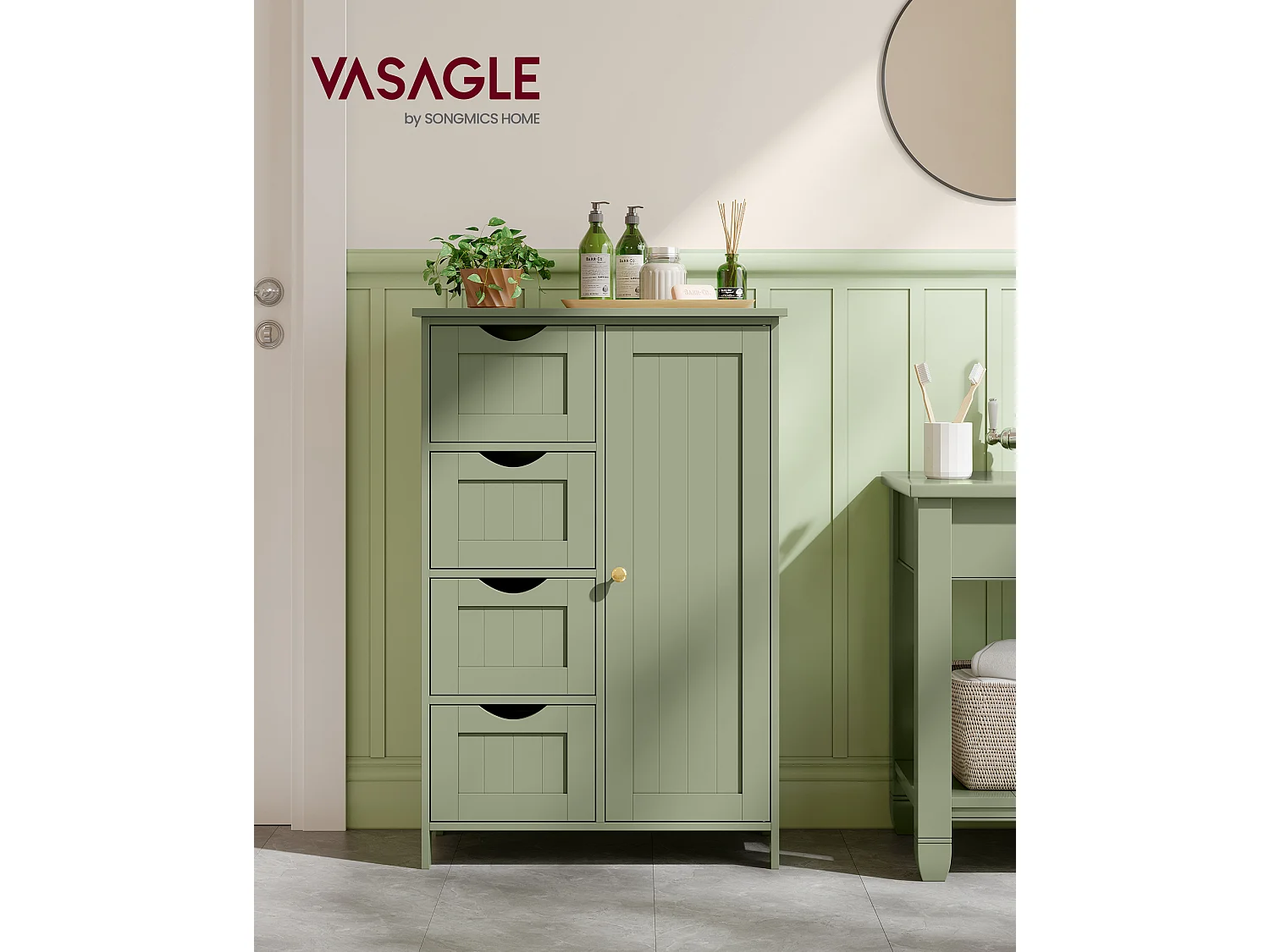 VASAGLE Bathroom Floor Storage Cabinet, Bathroom Storage Unit with 4 Drawers, Bathroom Cabinet Freestanding, with 1 Door, Adjustable Shelf, 30 x 55 x 82 cm, Laurel
