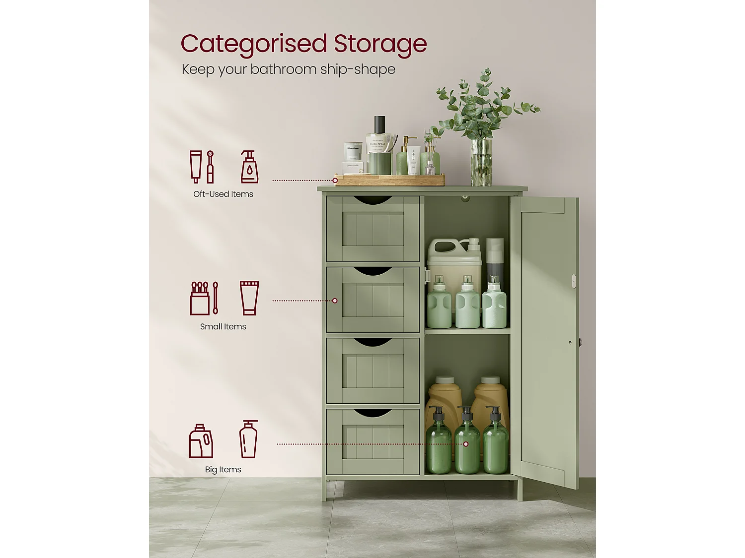 VASAGLE Bathroom Floor Storage Cabinet, Bathroom Storage Unit with 4 Drawers, Bathroom Cabinet Freestanding, with 1 Door, Adjustable Shelf, 30 x 55 x 82 cm, Laurel