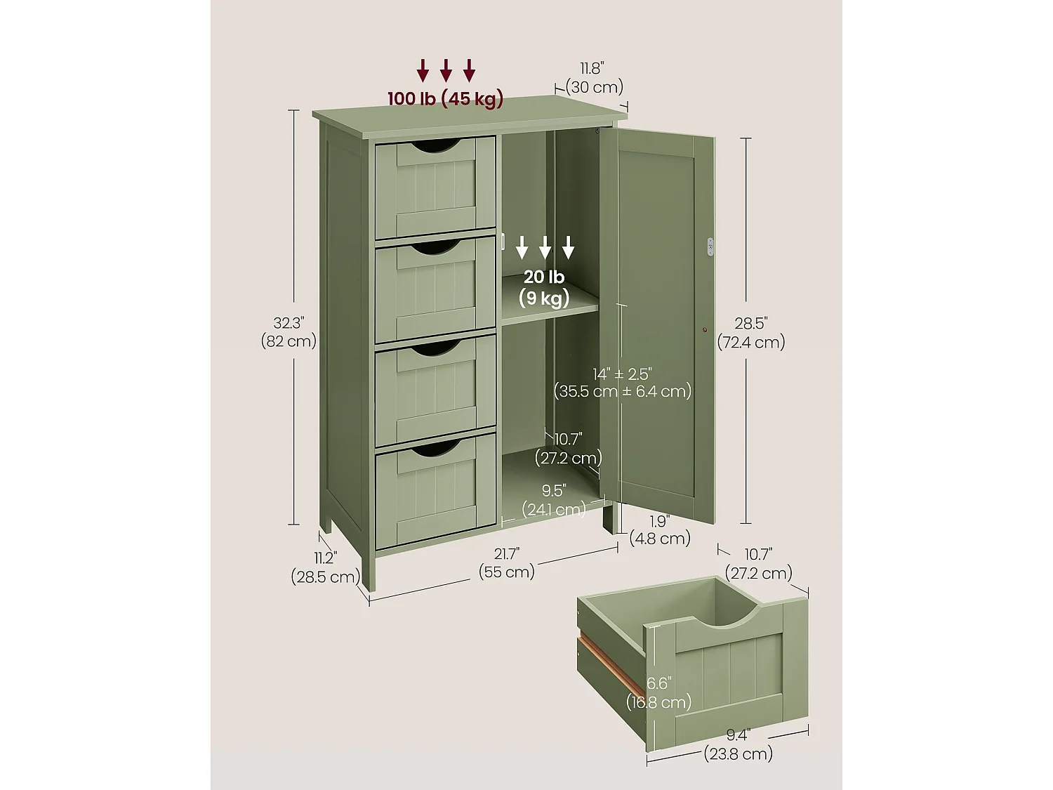 VASAGLE Bathroom Floor Storage Cabinet, Bathroom Storage Unit with 4 Drawers, Bathroom Cabinet Freestanding, with 1 Door, Adjustable Shelf, 30 x 55 x 82 cm, Laurel