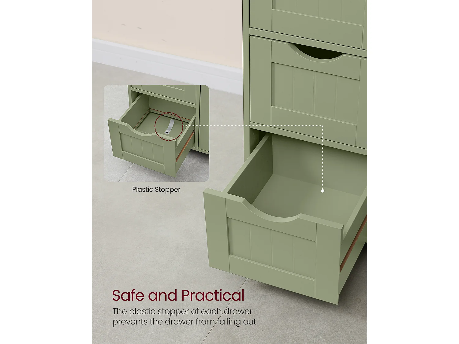 VASAGLE Bathroom Floor Storage Cabinet, Bathroom Storage Unit with 4 Drawers, Bathroom Cabinet Freestanding, with 1 Door, Adjustable Shelf, 30 x 55 x 82 cm, Laurel