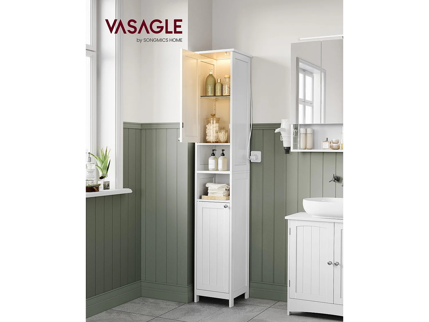VASAGLE Tall and Slim Light Bathroom Cabinet with Adjustable Shelves, Open Compartments, for Small Spaces, Modern, Cloud White BBC566W03