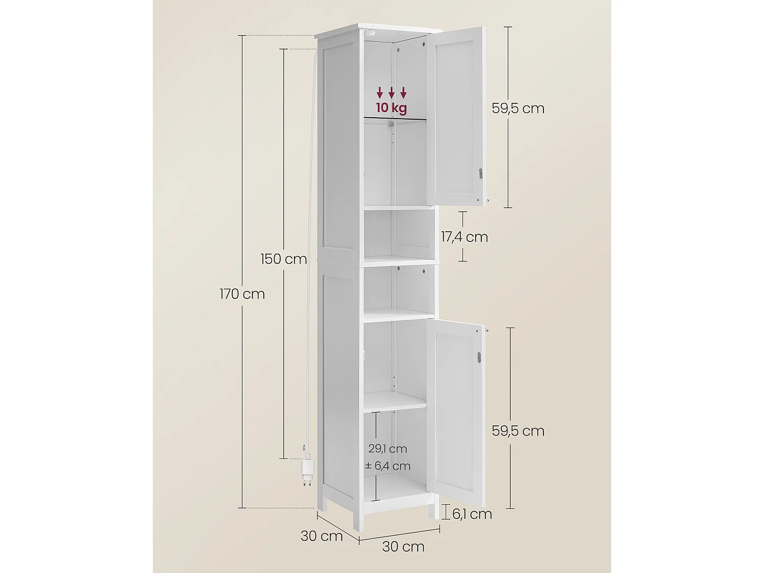 VASAGLE Tall and Slim Light Bathroom Cabinet with Adjustable Shelves, Open Compartments, for Small Spaces, Modern, Cloud White BBC566W03