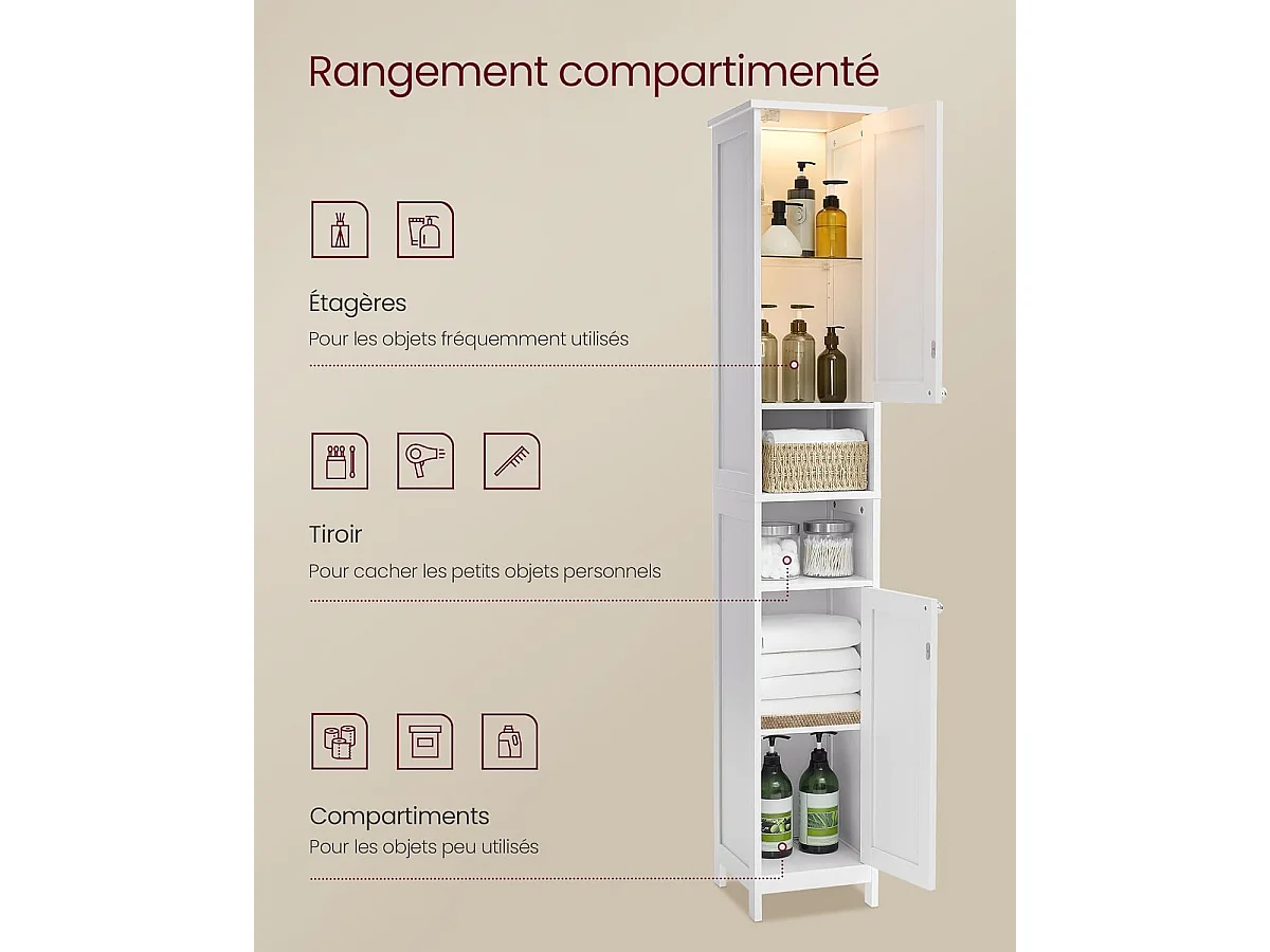 VASAGLE Tall and Slim Light Bathroom Cabinet with Adjustable Shelves, Open Compartments, for Small Spaces, Modern, Cloud White BBC566W03