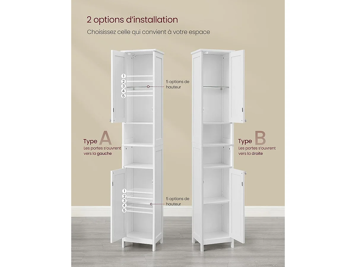 VASAGLE Tall and Slim Light Bathroom Cabinet with Adjustable Shelves, Open Compartments, for Small Spaces, Modern, Cloud White BBC566W03