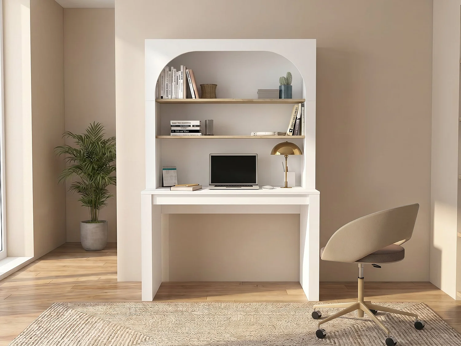 Bureau bibliothèque avec 2 étagères - Blanc et naturel - CYMORA
