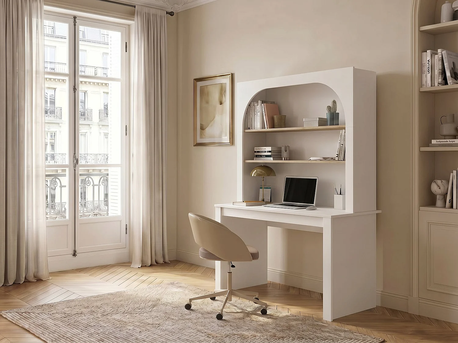 Bureau bibliothèque avec 2 étagères - Blanc et naturel - CYMORA