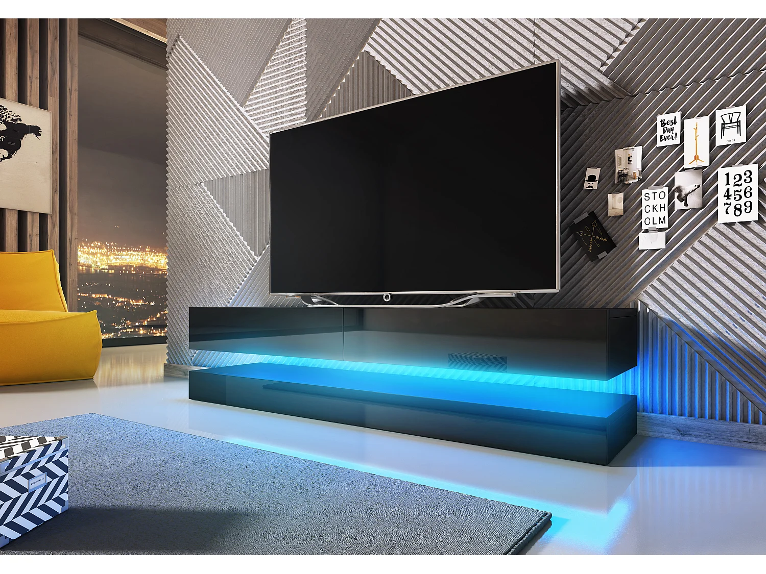 RTV Fly 140 avec deux tiroirs noirs et face avant en noir brillant +LED