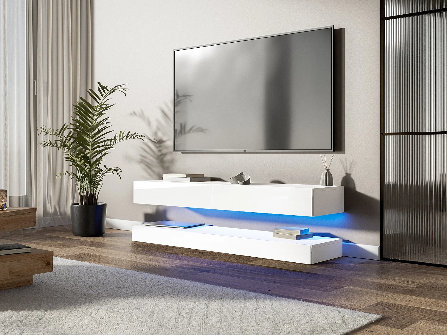 RTV Fly 140 avec deux tiroirs blancs et face avant blanche brillante + LED