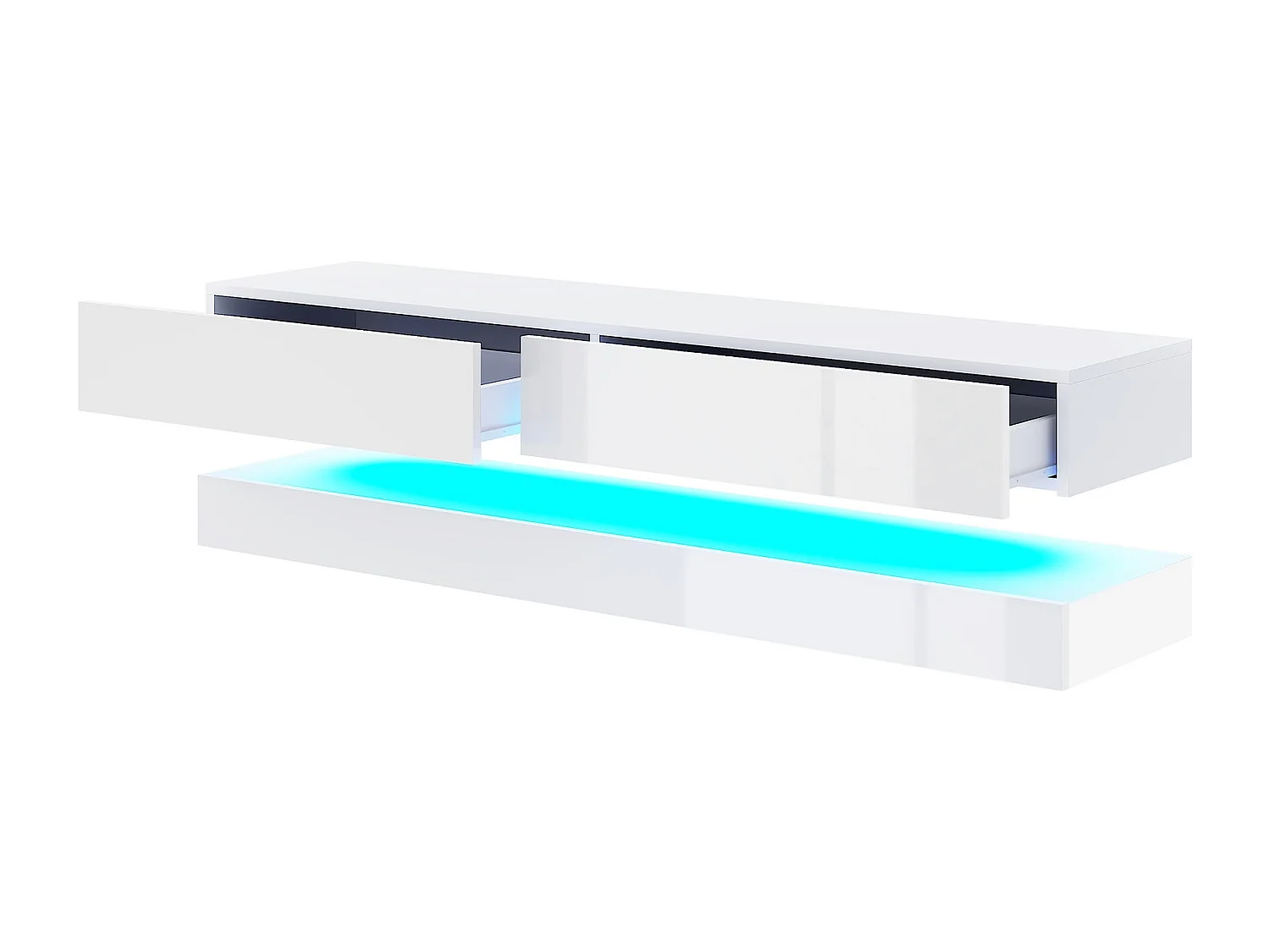 RTV Fly 140 avec deux tiroirs blancs et face avant blanche brillante + LED