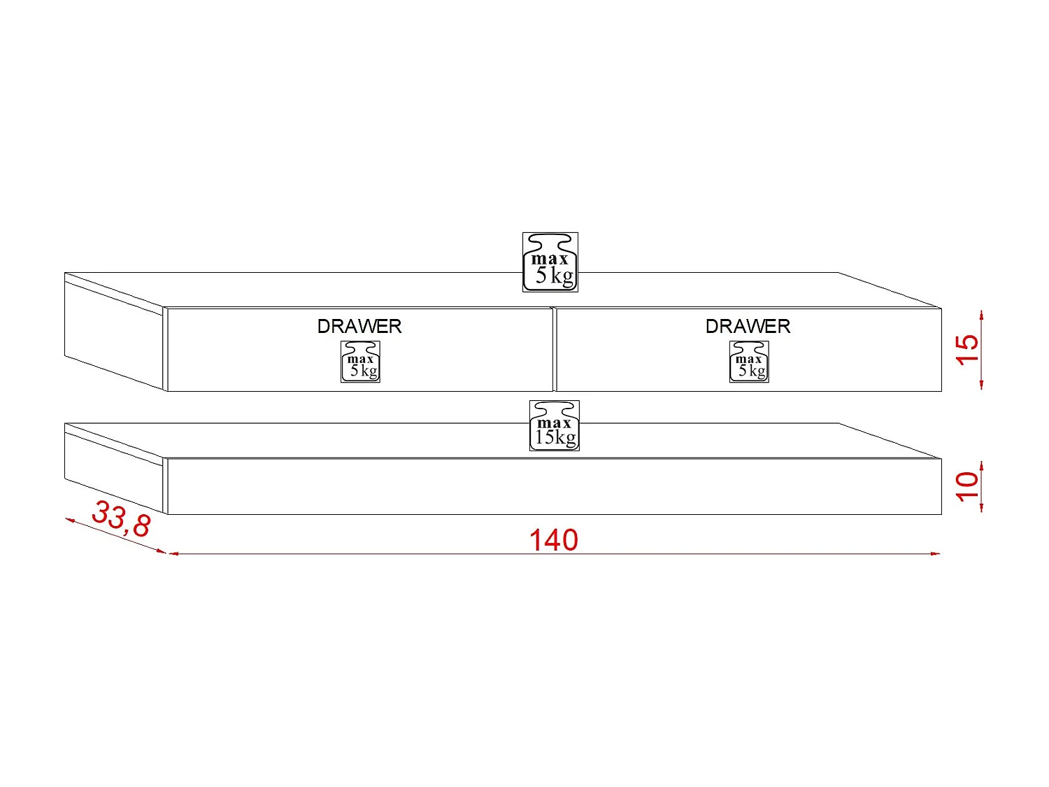 RTV Fly 140 avec deux tiroirs blancs et face avant blanche brillante + LED