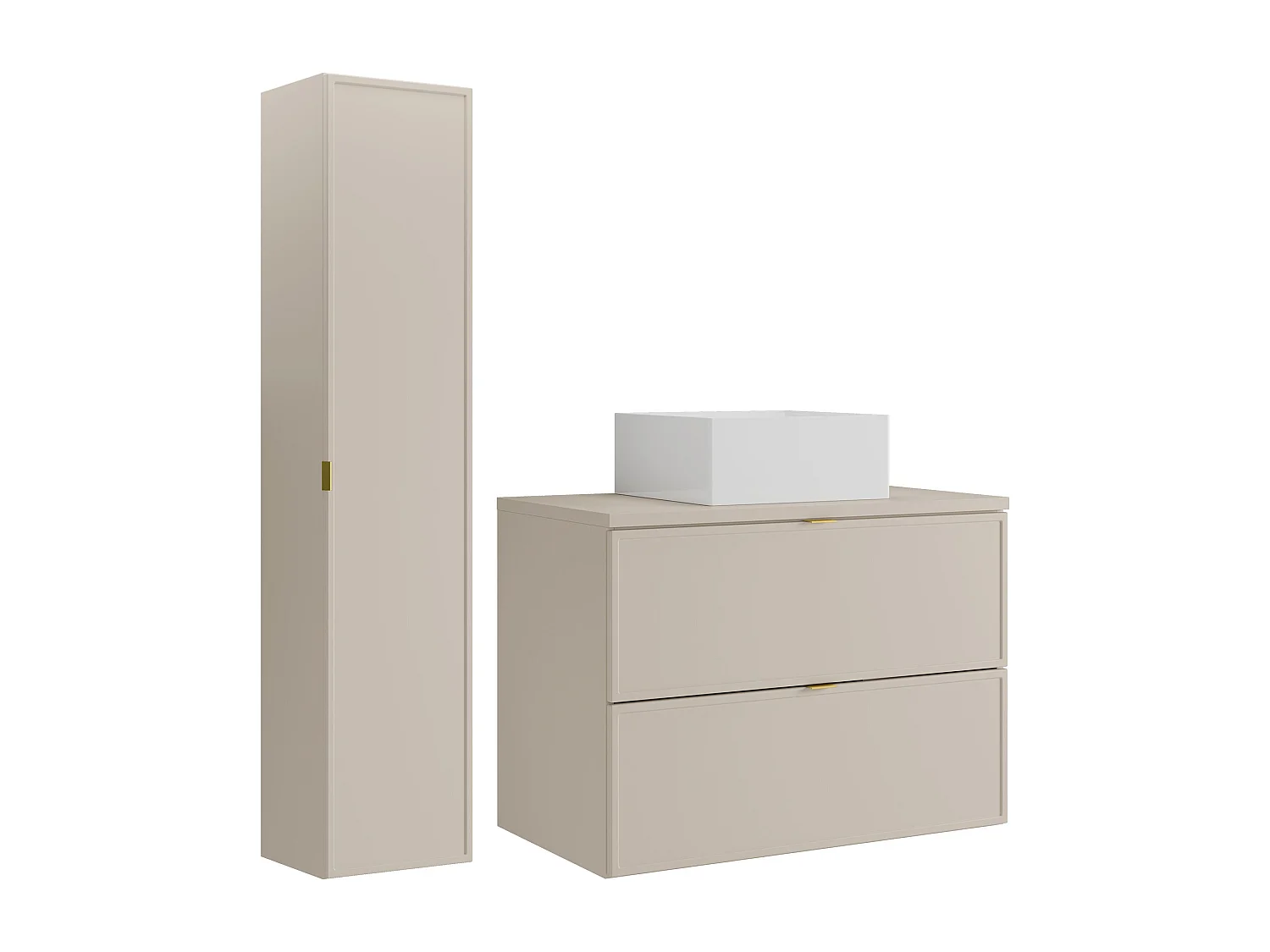Meuble de salle de bain suspendu avec vasque à poser carrée et colonne - Beige - 80 cm - ONDIL