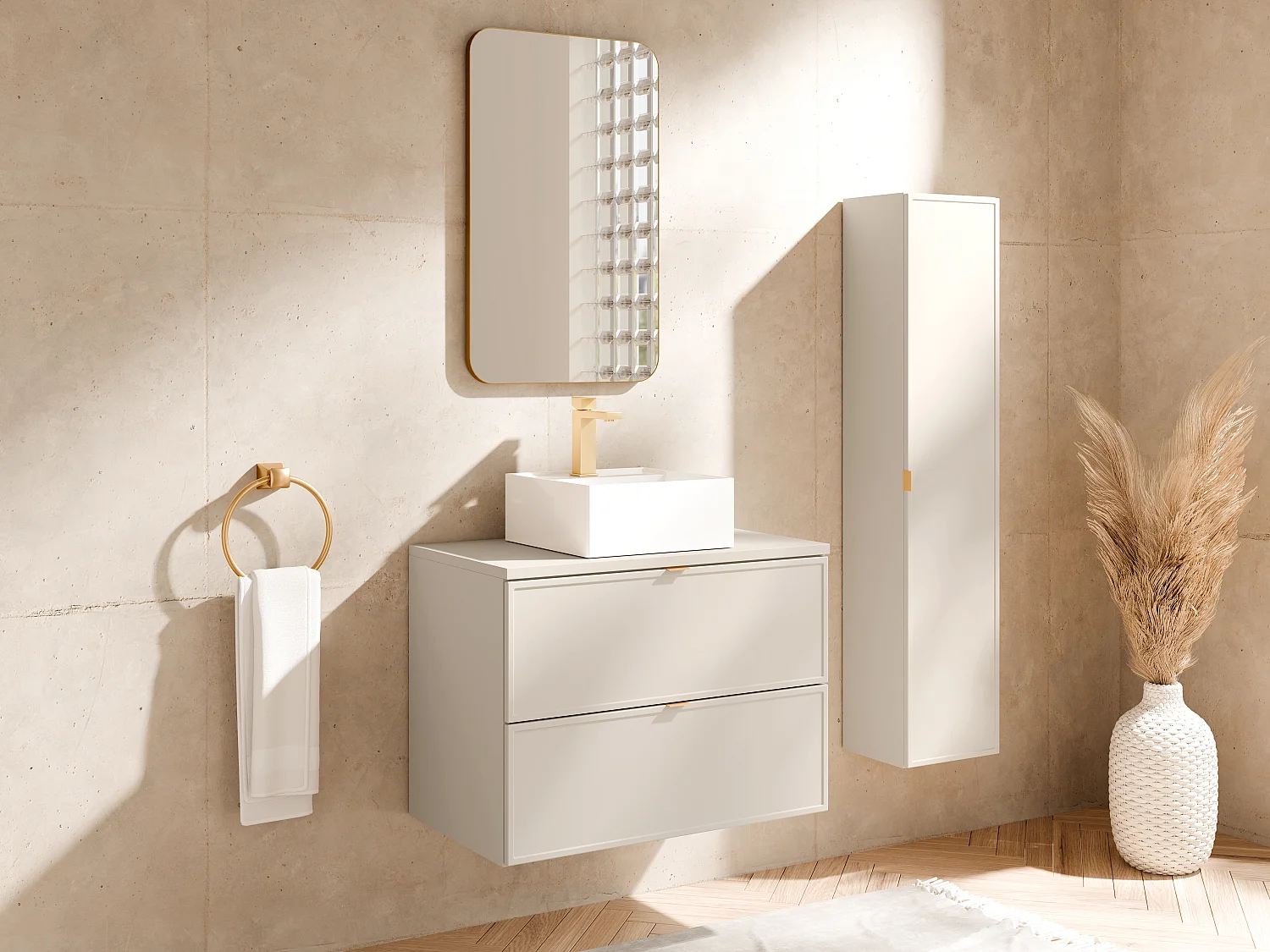 Meuble de salle de bain suspendu avec vasque à poser carrée et colonne - Beige - 80 cm - ONDIL