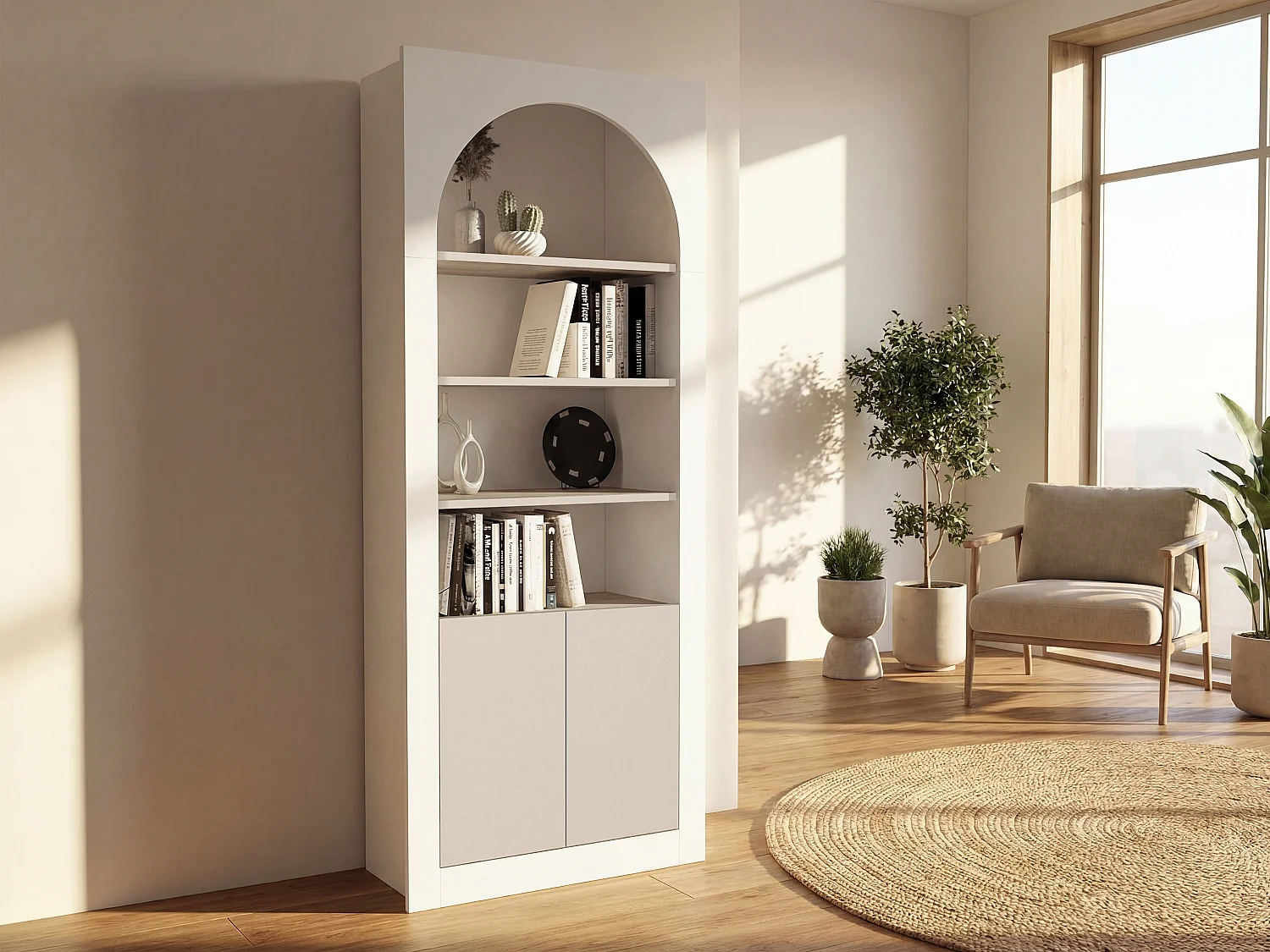 Bibliothèque avec 4 niches et 2 portes - Blanc et Beige - CYMORA