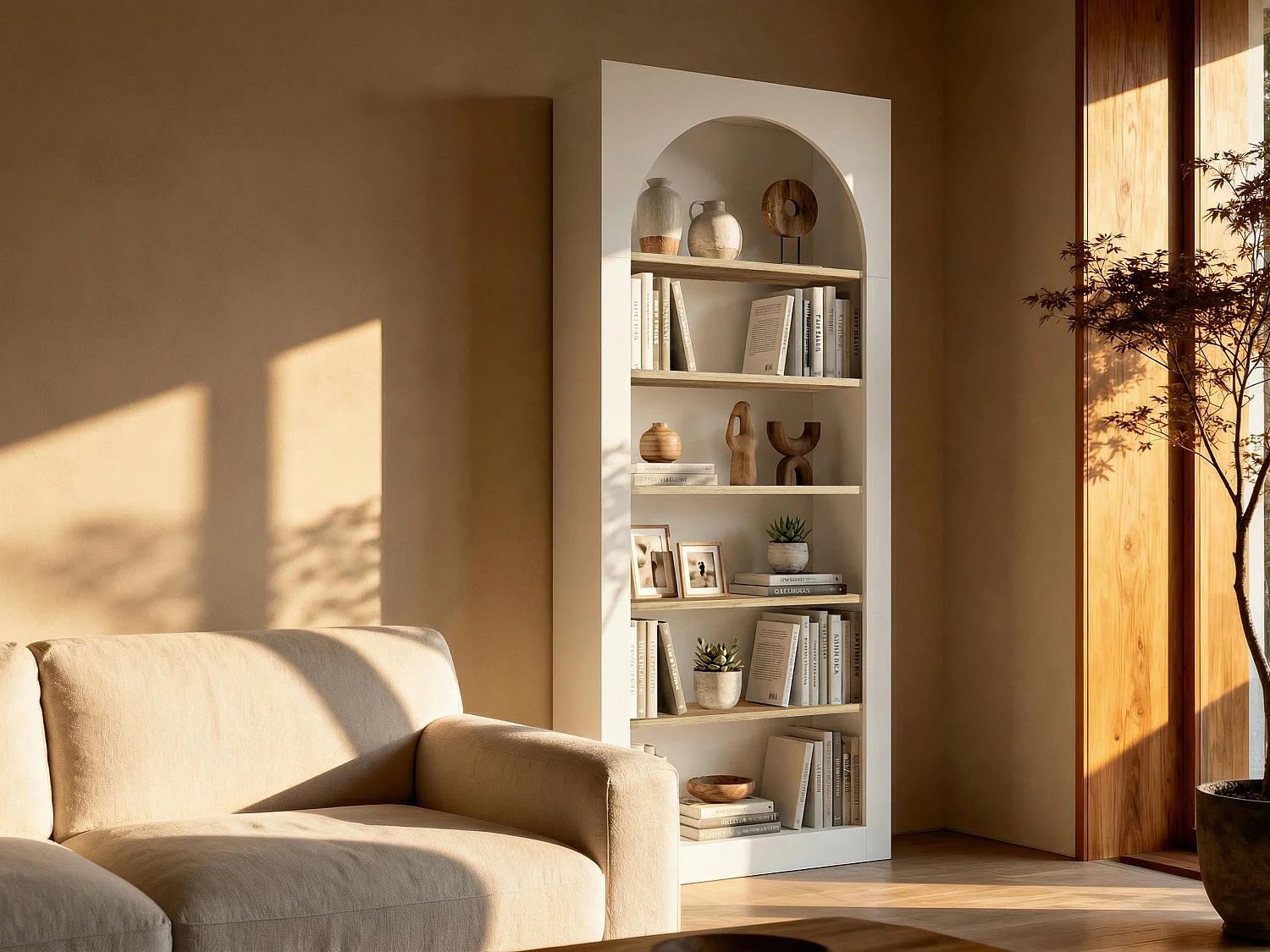 Bibliothèque avec 6 niches - Blanc et Naturel clair - CYMORA