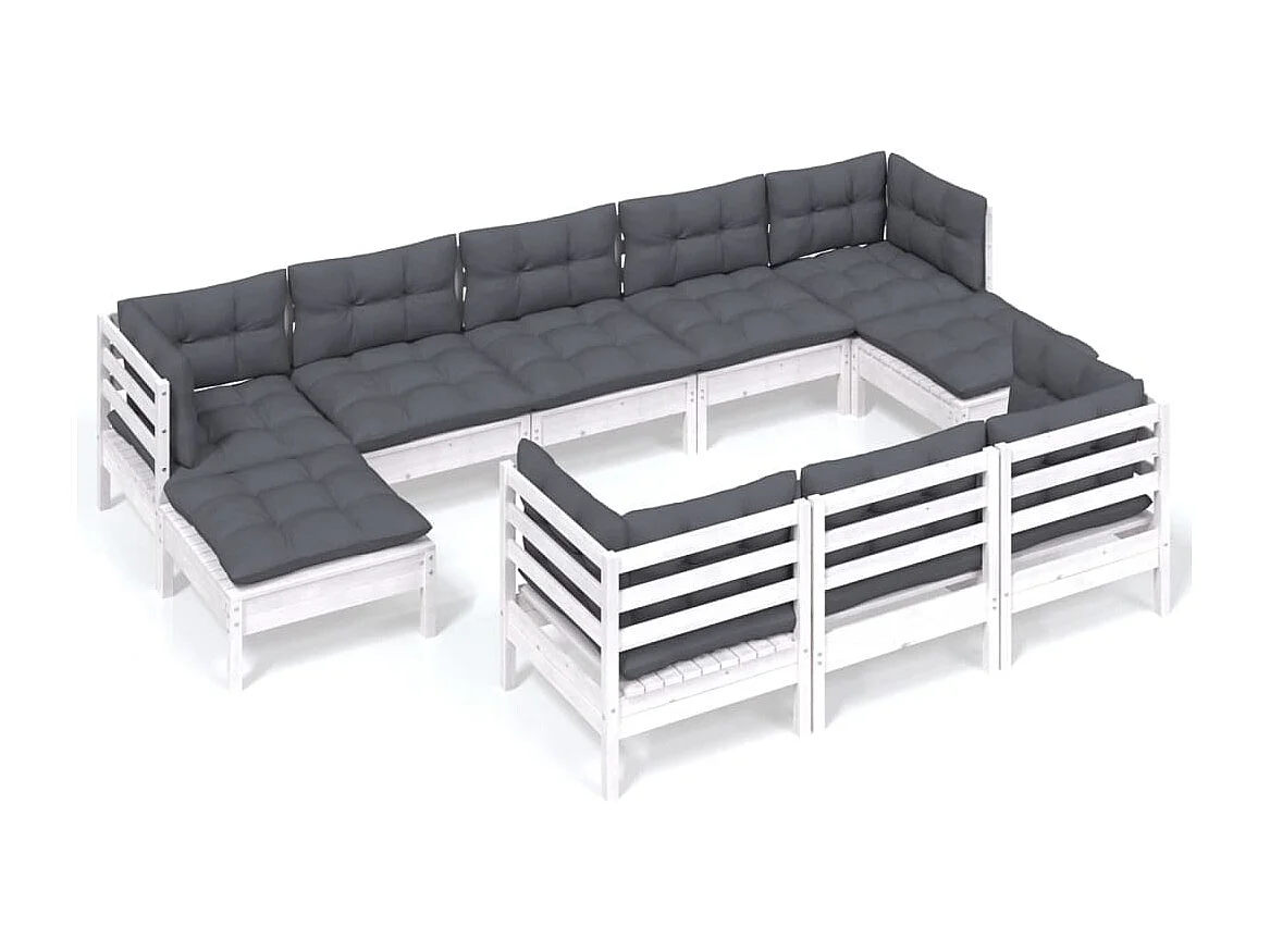 10 pcs conj. lounge de jardim c/ almofadões pinho maciço branco