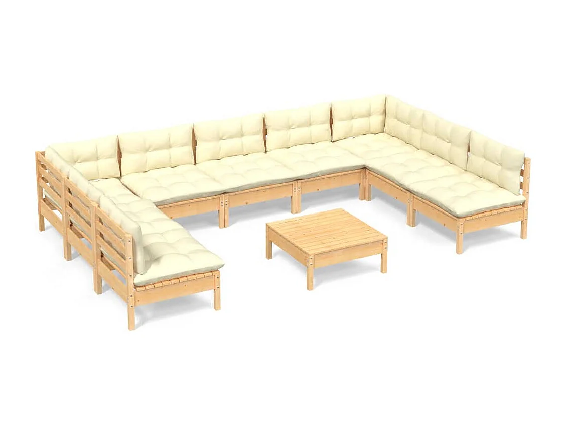 10 pcs conjunto lounge jardim c/ almofadões creme pinho maciço