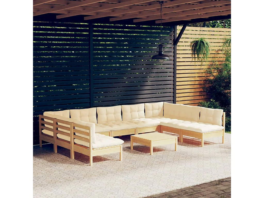 10 pcs conjunto lounge jardim c/ almofadões creme pinho maciço