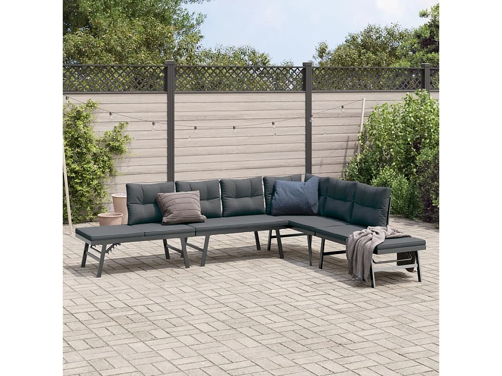 Garden Furniture - Set Panche Giardino Cuscini 4pz Nere Acciaio Verniciato Polvere