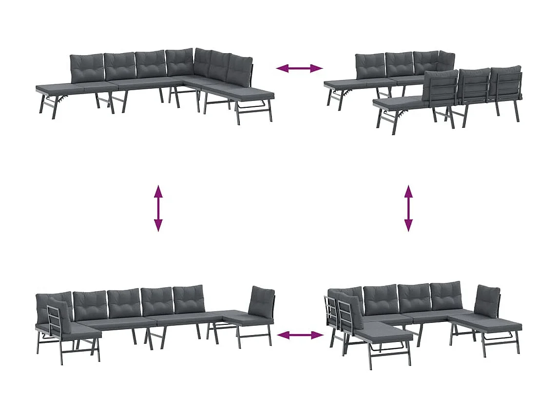 Garden Furniture - Set Panche Giardino Cuscini 4pz Nere Acciaio Verniciato Polvere