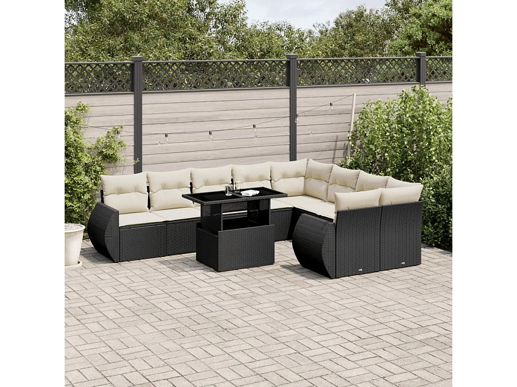 Garden Furniture - Set Divani da Giardino 10pz con Cuscini in Polyrattan Nero