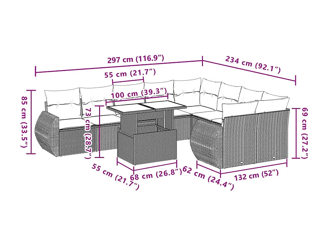 Garden Furniture - Set Divani da Giardino 10pz con Cuscini in Polyrattan Nero
