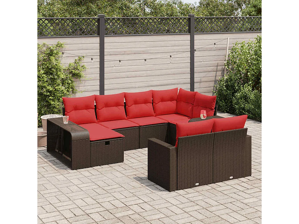 Garden Furniture - Salon de jardin 10 pcs avec coussins marron résine tressée