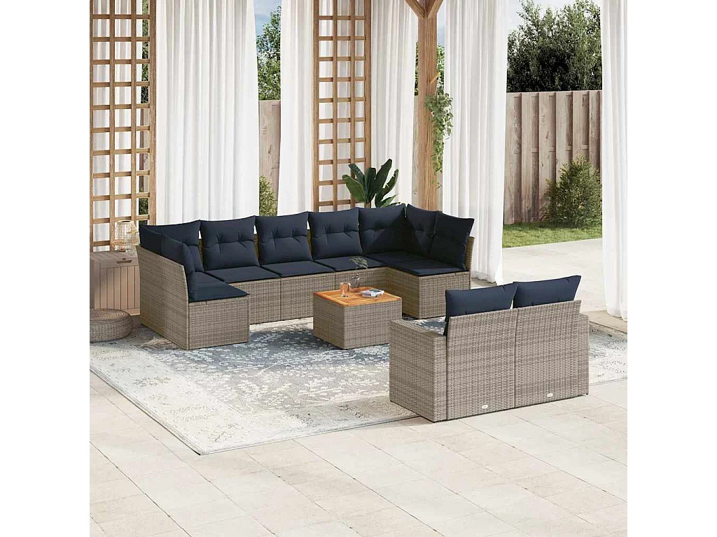 Garden Furniture - Set Divani da Giardino 10 pz con Cuscini Grigio in Polyrattan