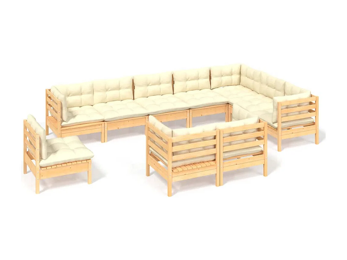 10 pcs conjunto lounge jardim c/ almofadões creme pinho maciço