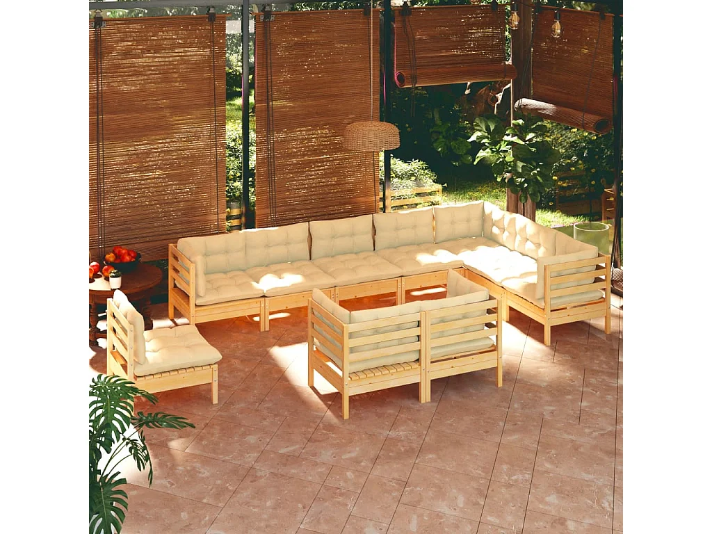 10 pcs conjunto lounge jardim c/ almofadões creme pinho maciço