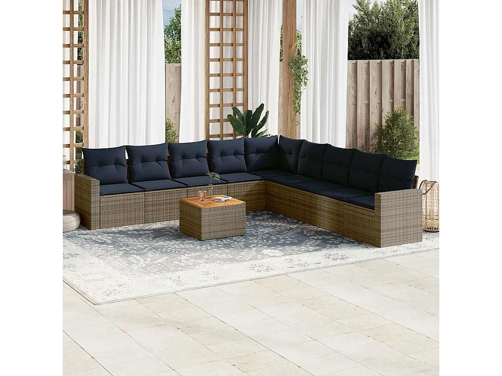 Garden Furniture - 10-tlg. Garten-Sofagarnitur mit Kissen Grau Poly Rattan