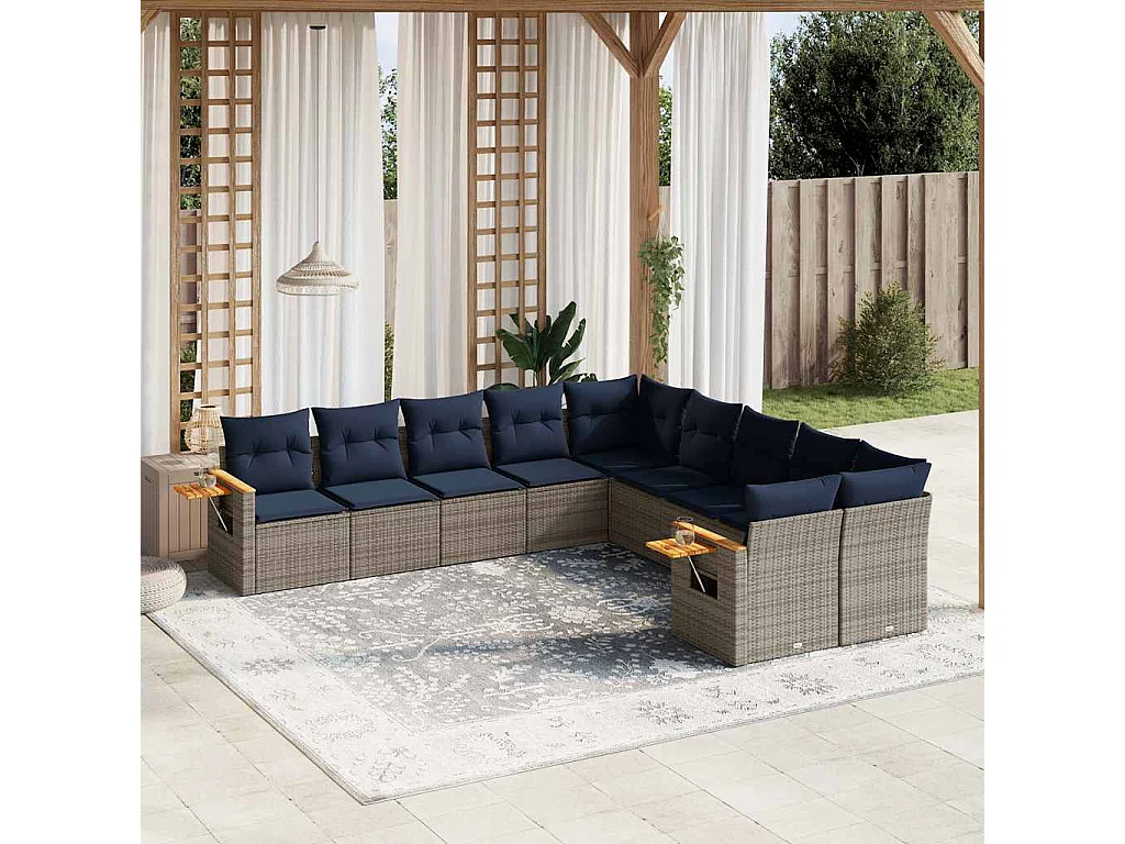 Garden Furniture - 10-tlg. Garten-Sofagarnitur mit Kissen Grau Poly Rattan