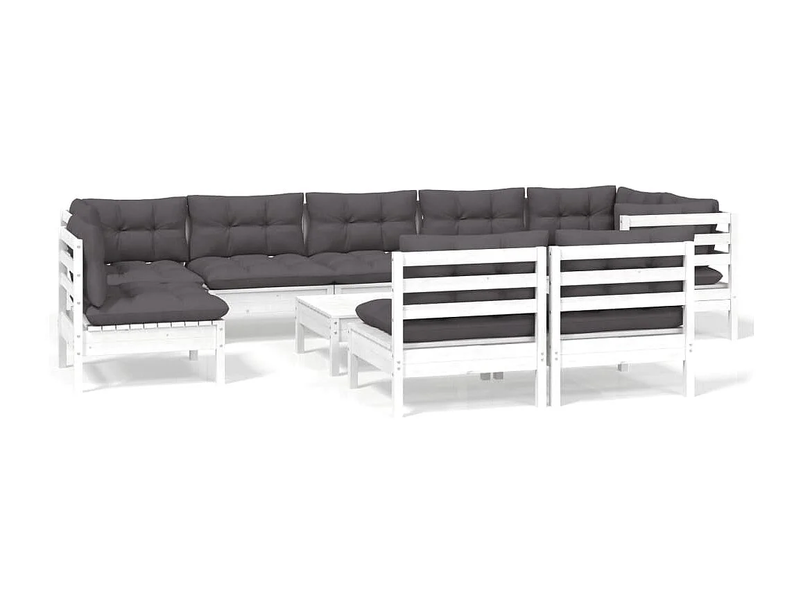 10 pcs conj. lounge de jardim c/ almofadões pinho maciço branco